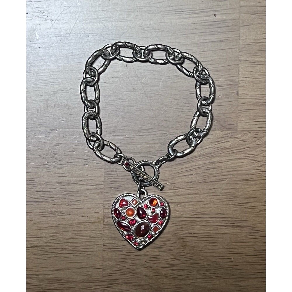 Vintage Brighton Silver Plated Heart Charm Bracelet Toggle Clasp Women’s Jewelry